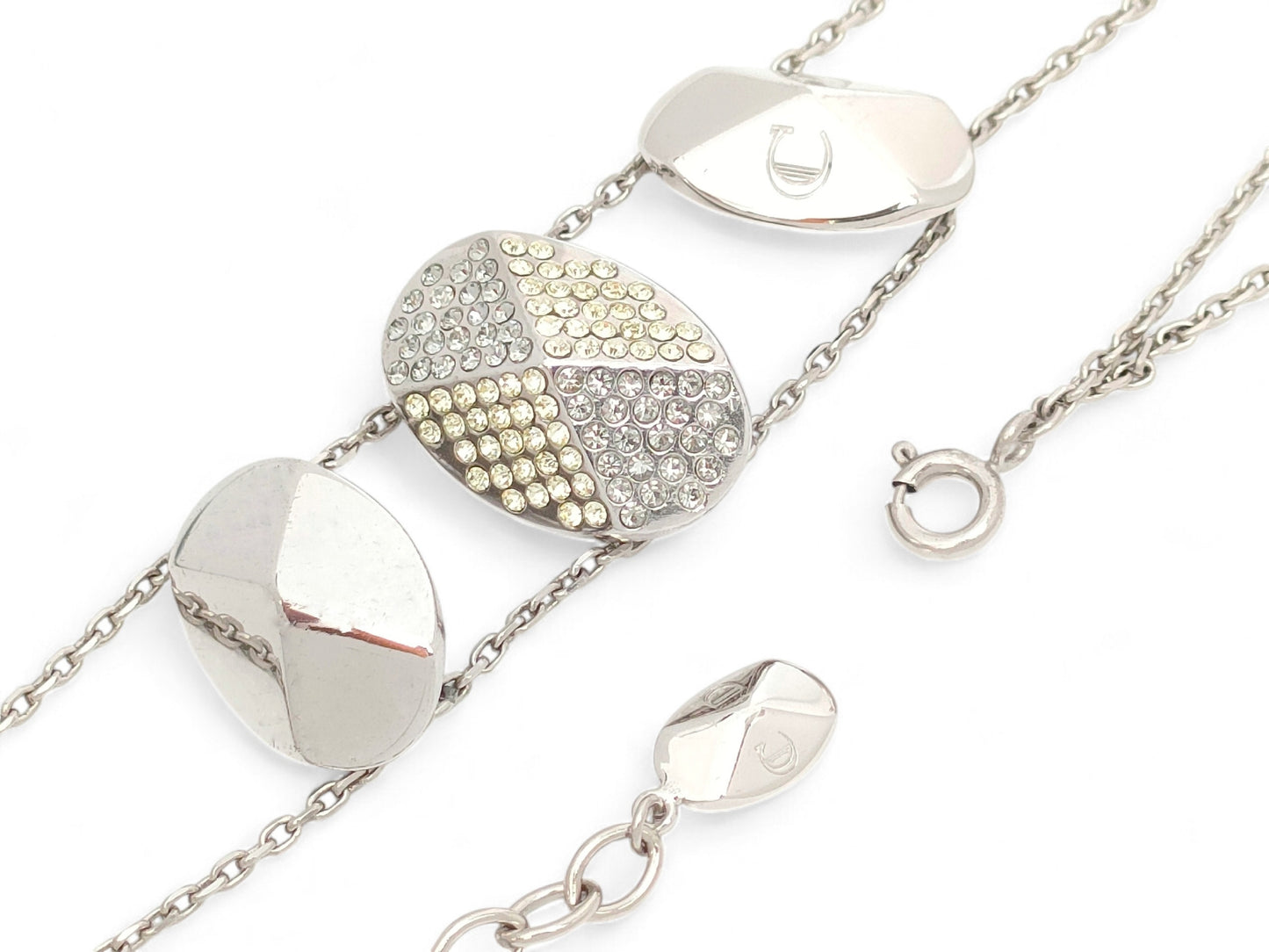 Dior Dior Silver Color Triple Logo Motif Yellow Rhinestone Double Chain Pendant Necklace