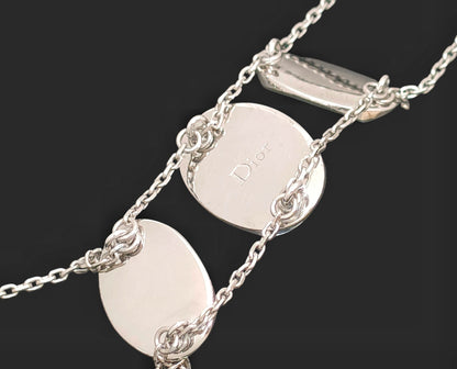 Dior Dior Silver Color Triple Logo Motif Yellow Rhinestone Double Chain Pendant Necklace