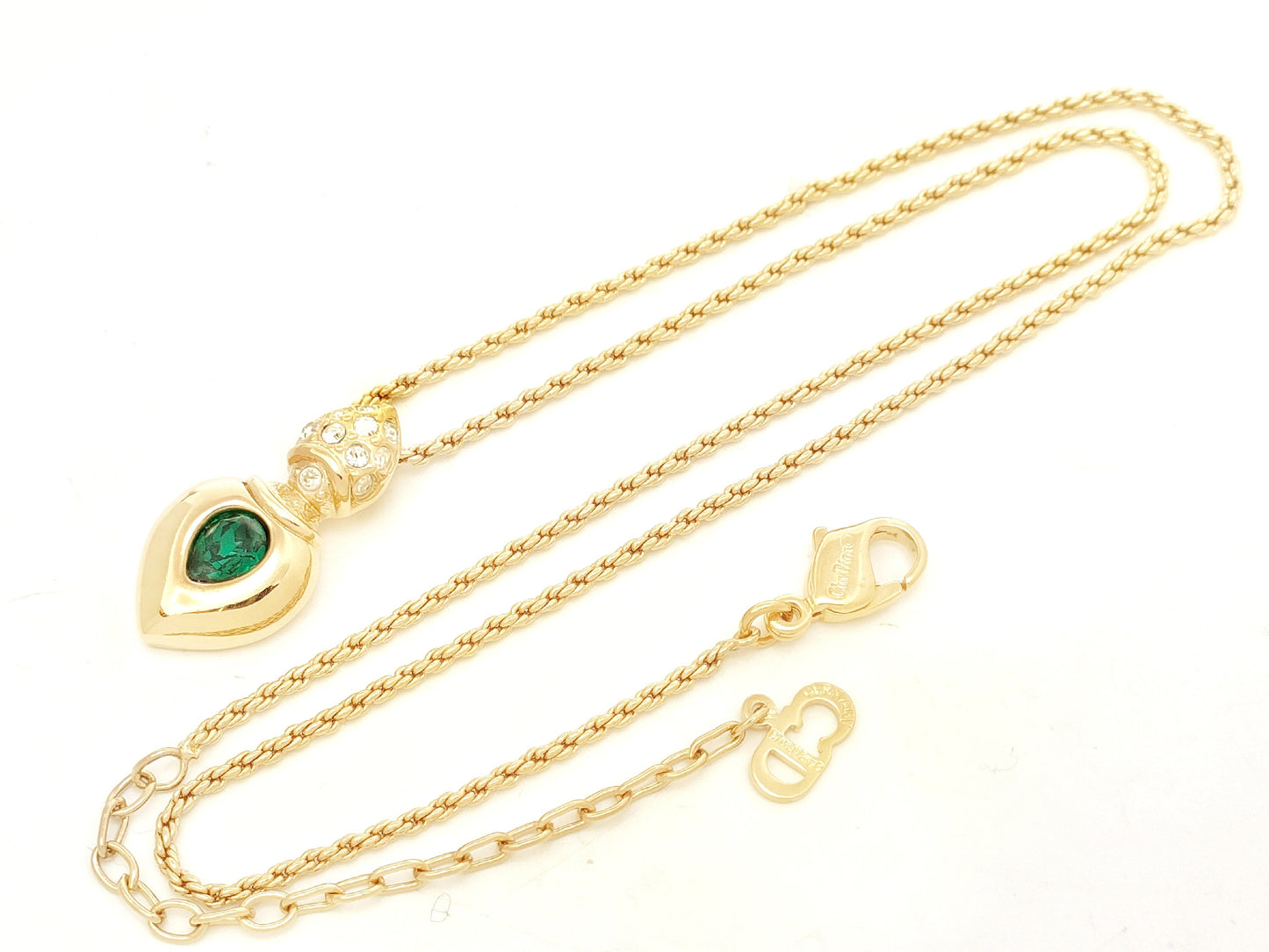 Dior Christian Dior Gold-Colored Pendant Necklace with Green Stone, Motif & Rhinestone, GEARMANY Stamp, 8.1g