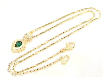 Dior Christian Dior Gold-Colored Pendant Necklace with Green Stone, Motif & Rhinestone, GEARMANY Stamp, 8.1g