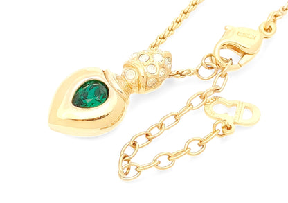 Dior Christian Dior Gold-Colored Pendant Necklace with Green Stone, Motif & Rhinestone, GEARMANY Stamp, 8.1g