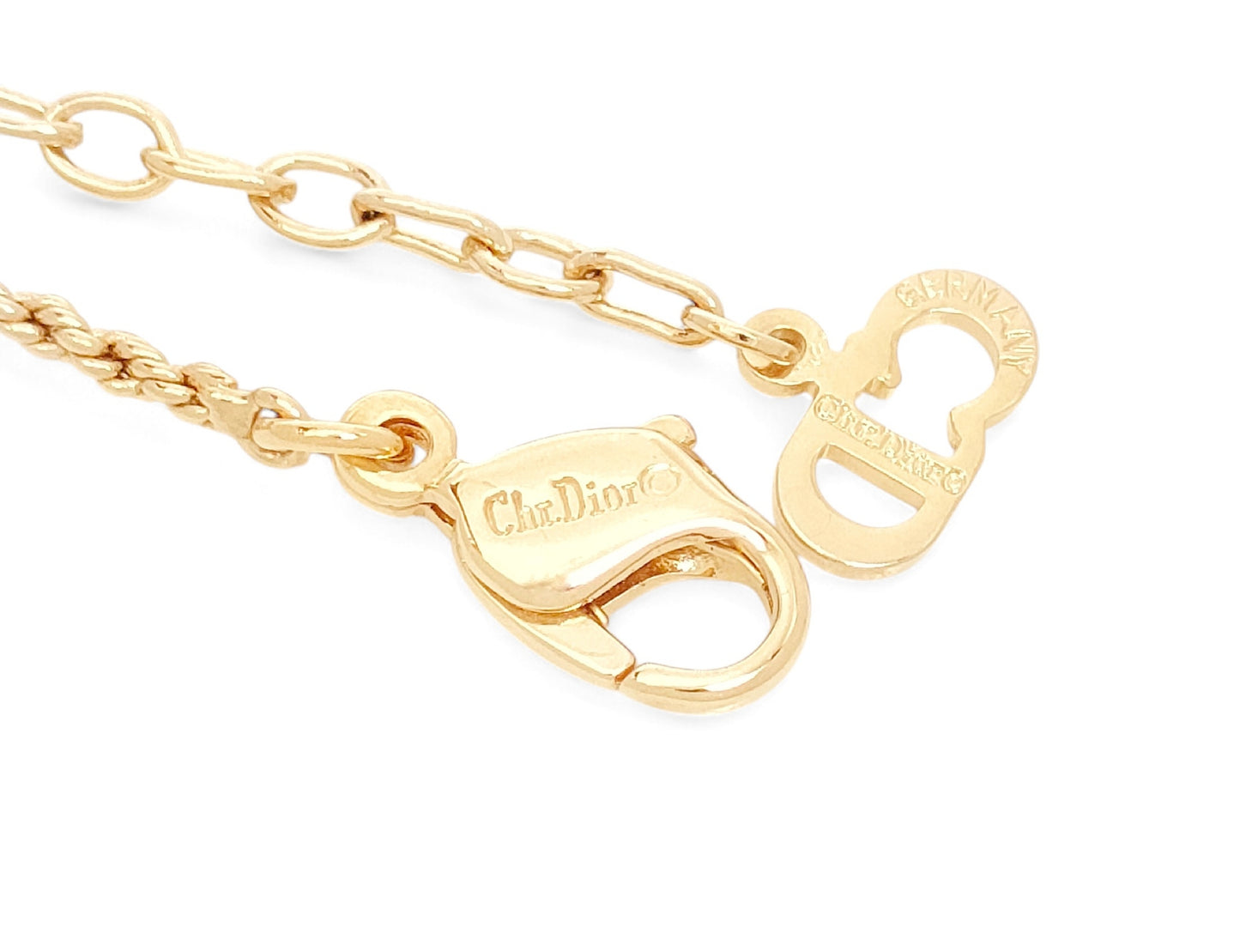 Dior Christian Dior Gold-Colored Pendant Necklace with Green Stone, Motif & Rhinestone, GEARMANY Stamp, 8.1g