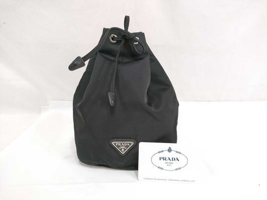 PRADA Nylon Prada Drawstring Tessuto Pouch, Black