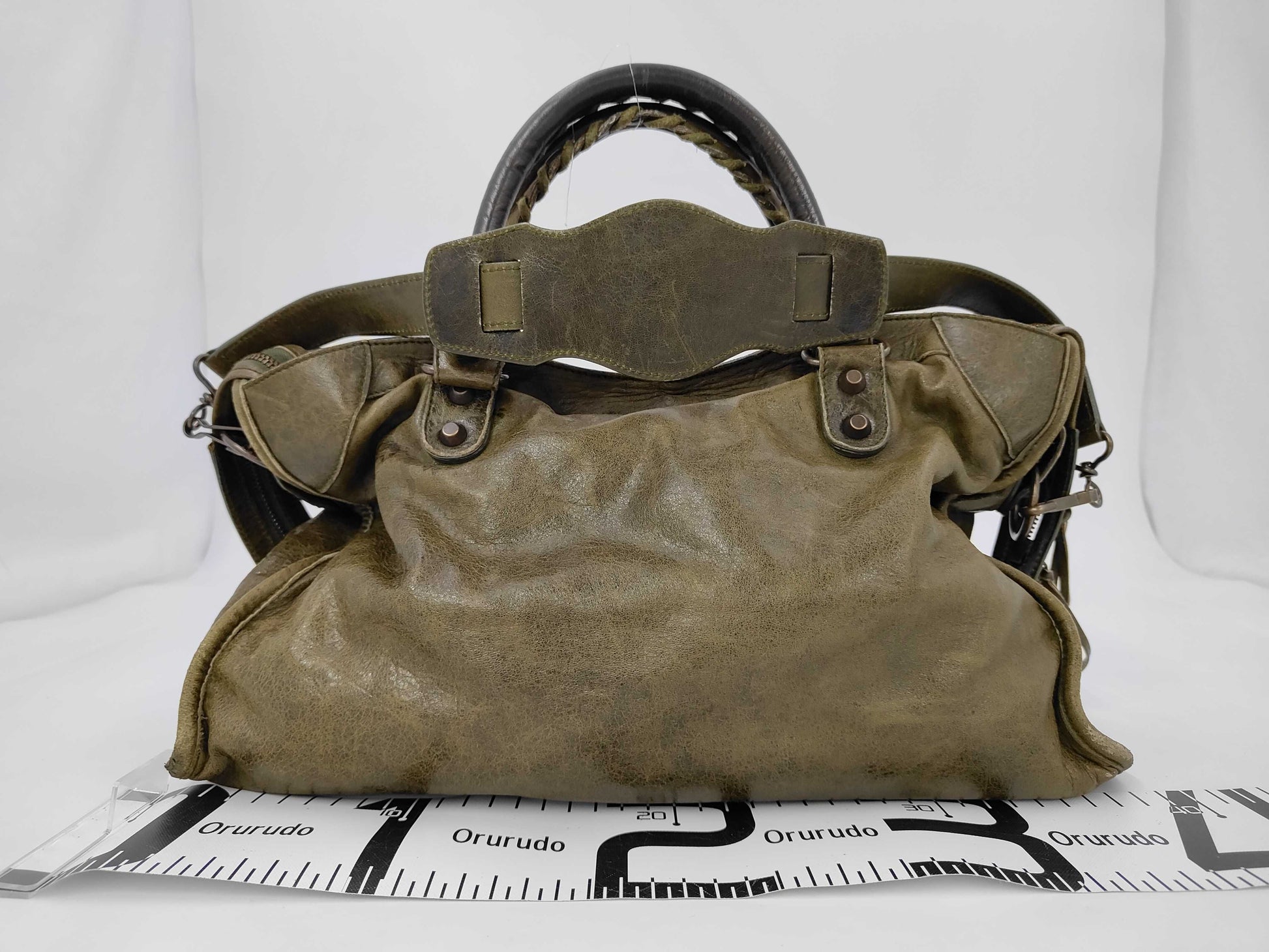 BALENCIAGA The City 115748 Lambskin Olive Strap Shoulder Bag with Mirror and Interchangeable Strap