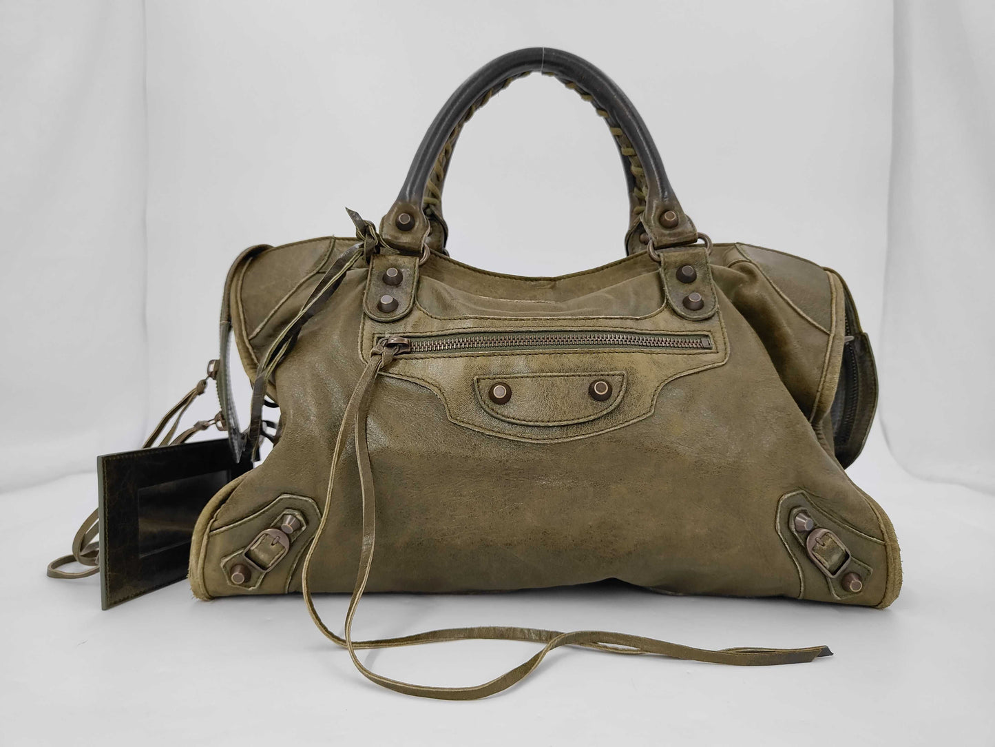 BALENCIAGA The City 115748 Lambskin Olive Strap Shoulder Bag with Mirror and Interchangeable Strap