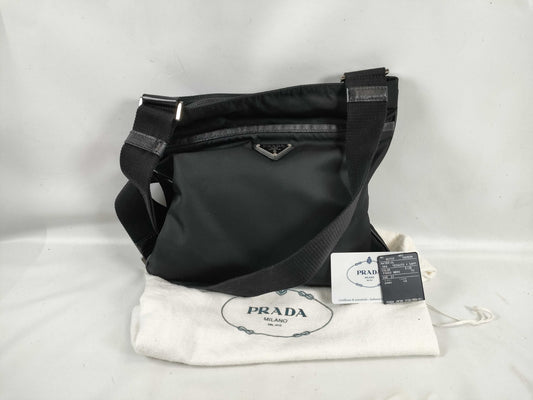 PRADA Nylon VA053M Nylon Shoulder Bag with Logo Belt, Black