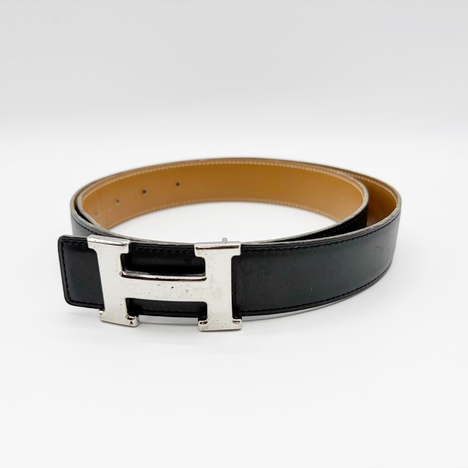 HERMES Constance 90 Leather Belt with Sterling Silver Hardware and Engraved "A" Belt
