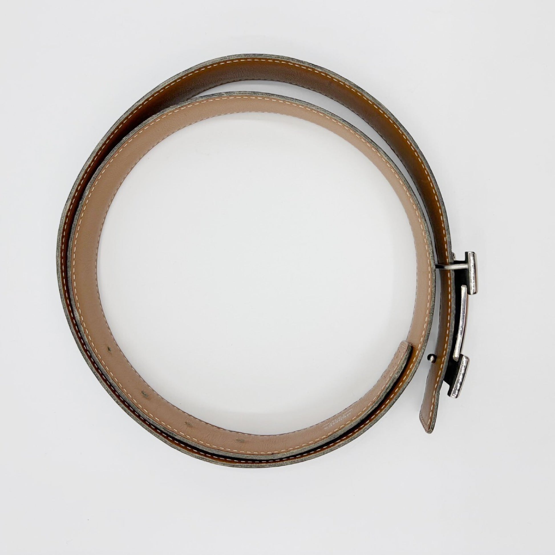 HERMES Constance 90 Leather Belt with Sterling Silver Hardware and Engraved "A" Belt