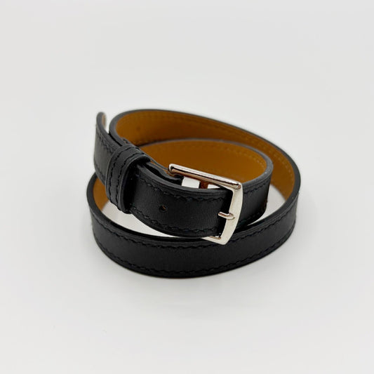 HERMES Etrivière Leather Bracelet, Black, J Stamped, Bracelet/Bangle
