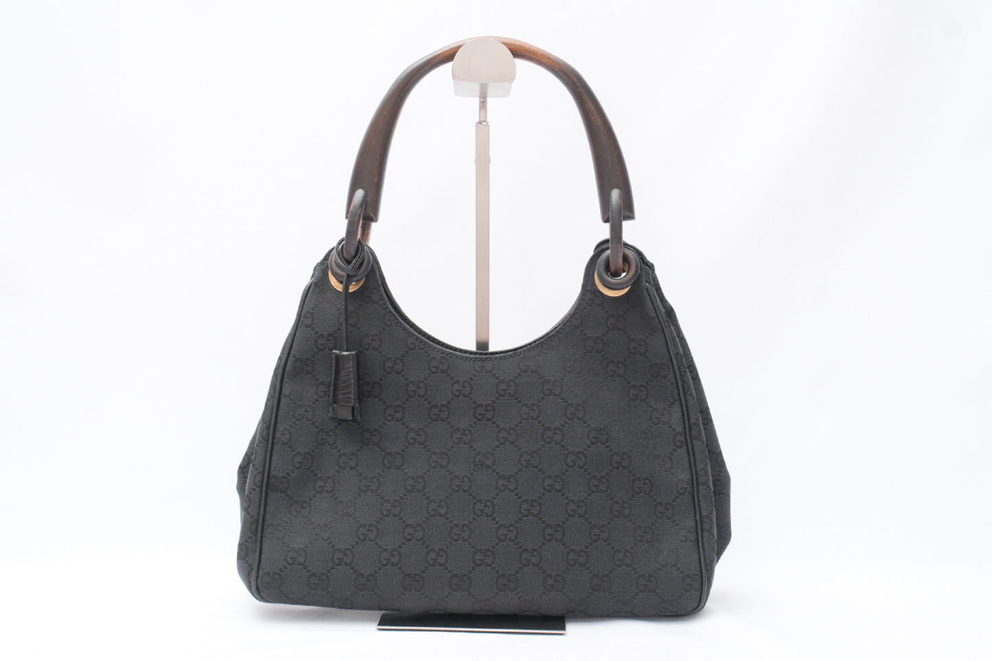 GUCCI GG Canvas Handbag with Wood Handle, Black