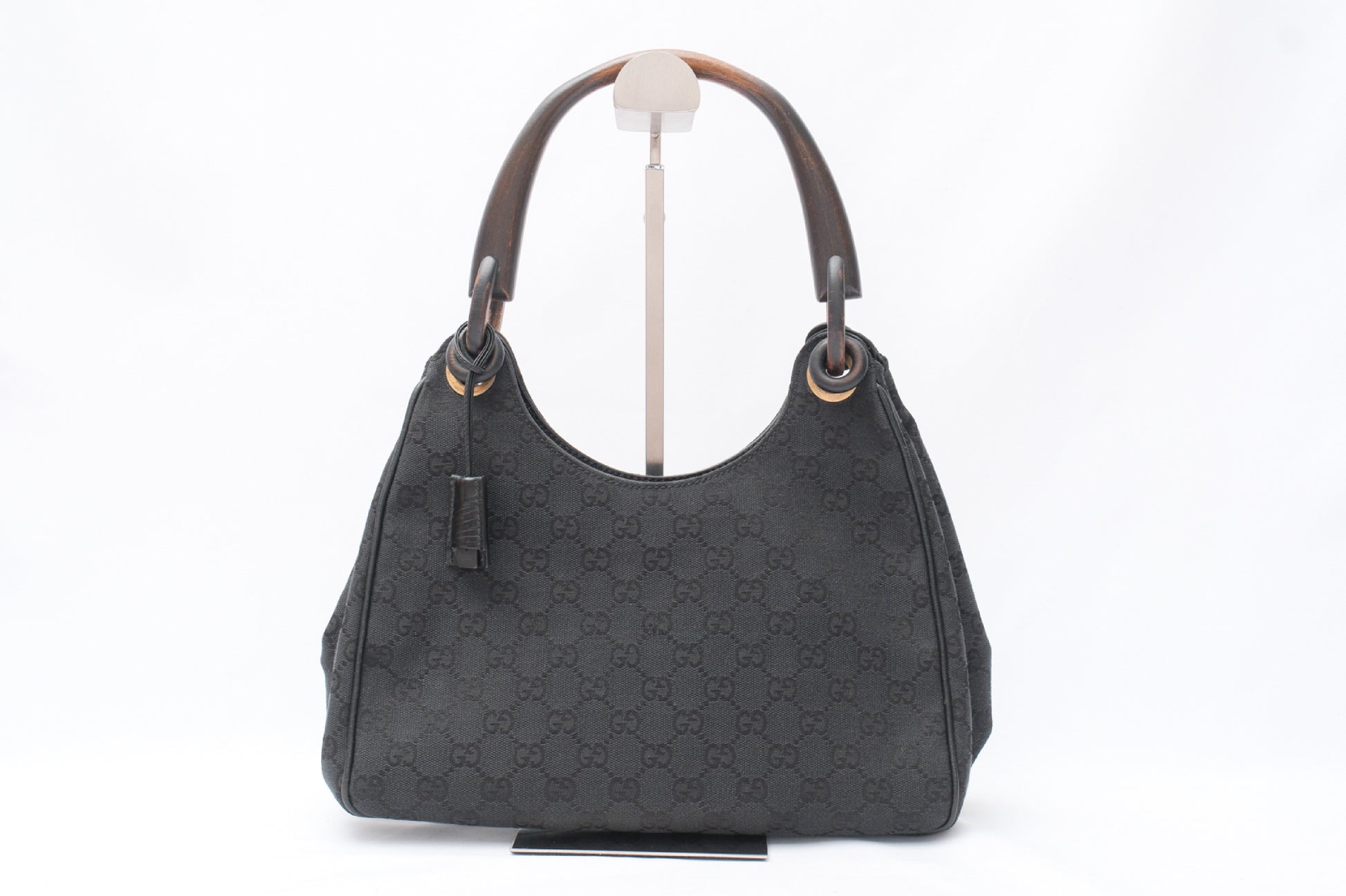 GUCCI GG Canvas Handbag with Wood Handle, Black