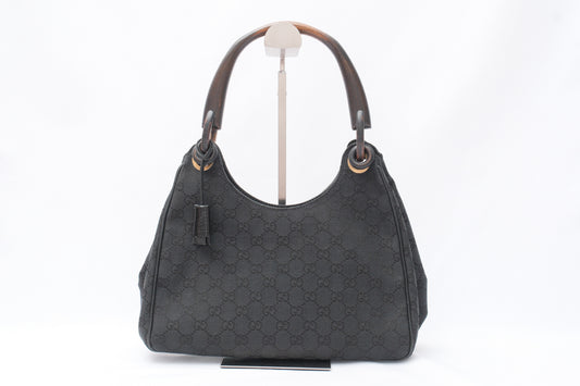 GUCCI GG Canvas Handbag with Wood Handle, Black