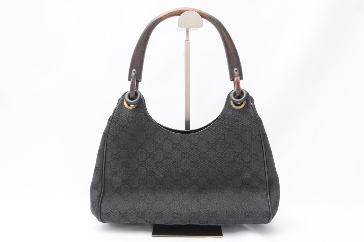 GUCCI GG Canvas Handbag with Wood Handle, Black