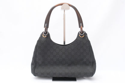 GUCCI GG Canvas Handbag with Wood Handle, Black