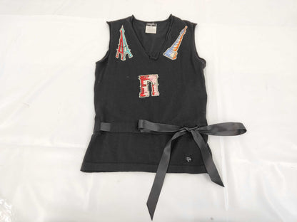 CHANEL CHANEL Sleeveless Top, Paris Streets, P27644V20068 #38, Eiffel Tower, Black, Ribbon Top