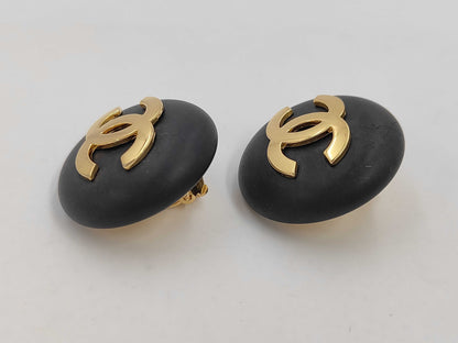 CHANEL CHANEL Earrings, Coco Mark, Black x Gold, 2 4 Engraved, Big Size Earrings