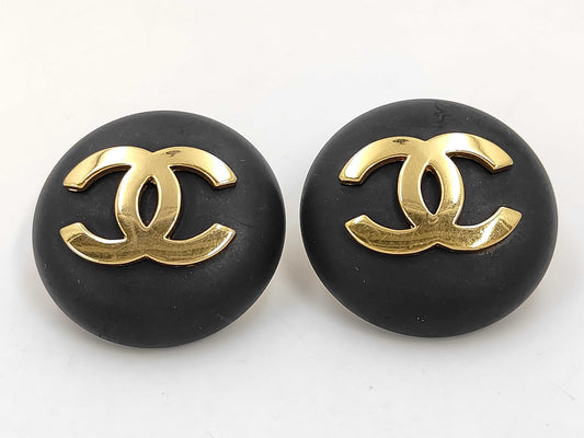CHANEL CHANEL Earrings, Coco Mark, Black x Gold, 2 4 Engraved, Big Size Earrings