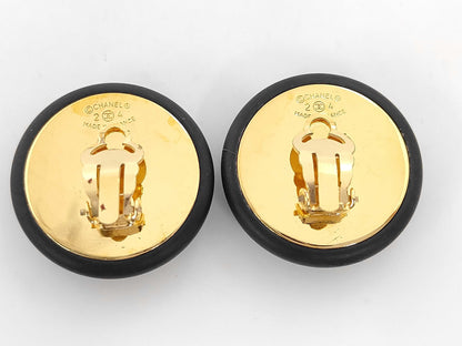 CHANEL CHANEL Earrings, Coco Mark, Black x Gold, 2 4 Engraved, Big Size Earrings