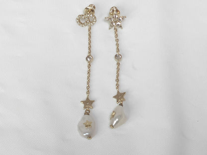 Dior Chain Logo Rhinestone Pearl Star Earrings