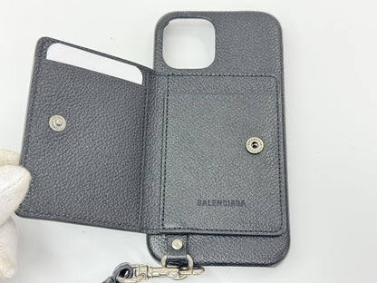 BALENCIAGA Leather Smartphone Case with Shoulder Strap, Unused, Card Case, Pass Case, Business Card Holder