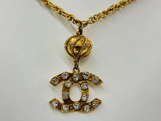 CHANEL Coco Mark Rhinestone Gold Vintage Necklace Engraved