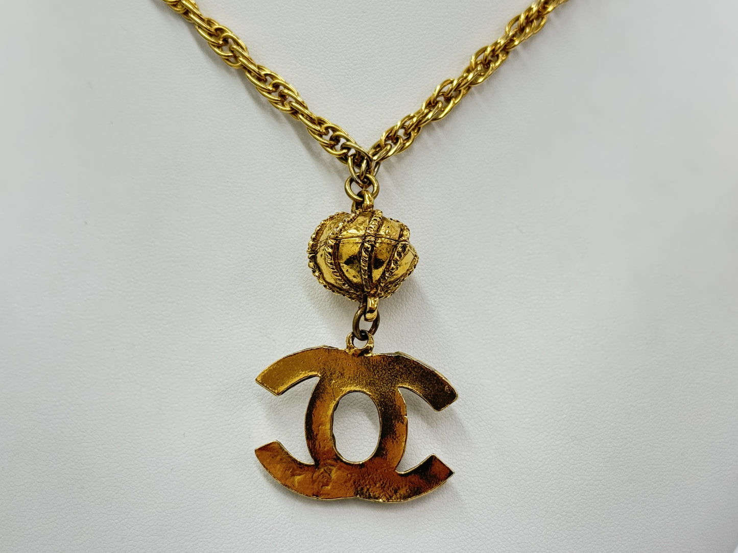 CHANEL Coco Mark Rhinestone Gold Vintage Necklace Engraved