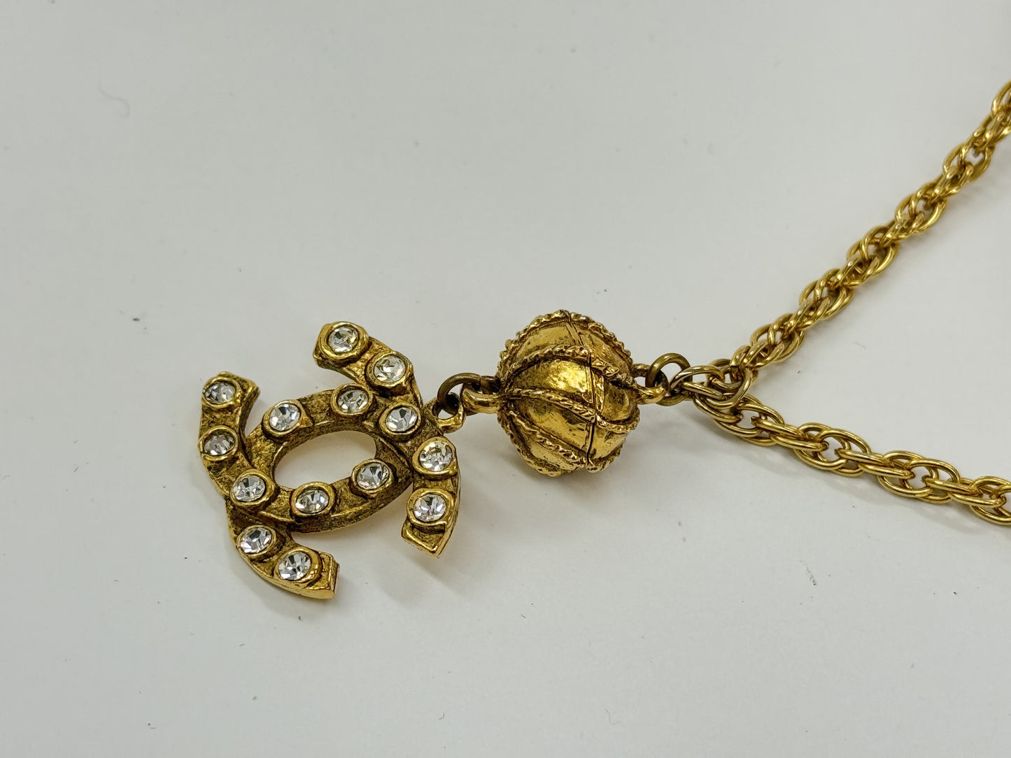 CHANEL Coco Mark Rhinestone Gold Vintage Necklace Engraved