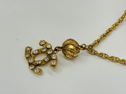 CHANEL Coco Mark Rhinestone Gold Vintage Necklace Engraved