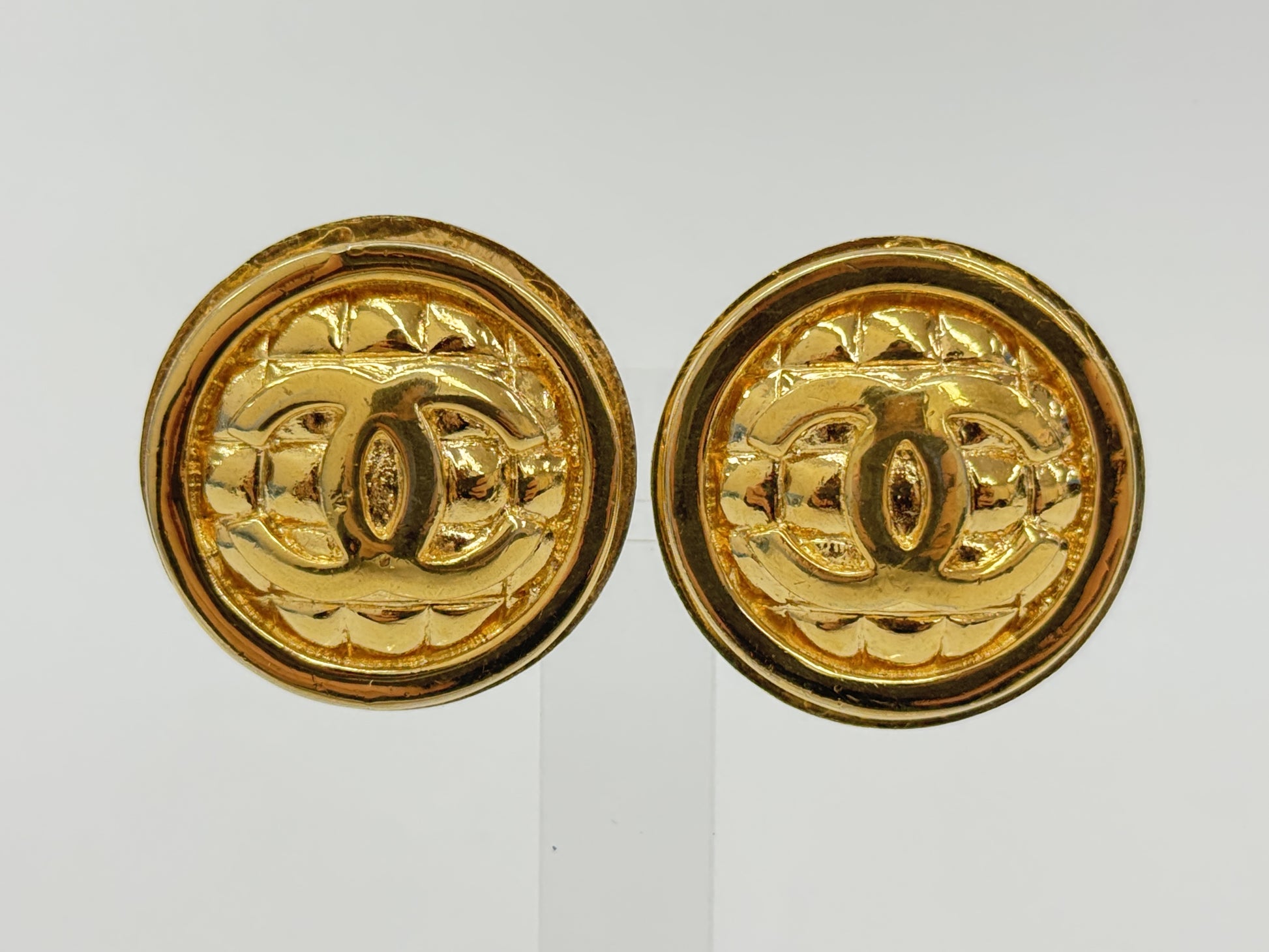 CHANEL Matelasse Gold Earrings with Engraving