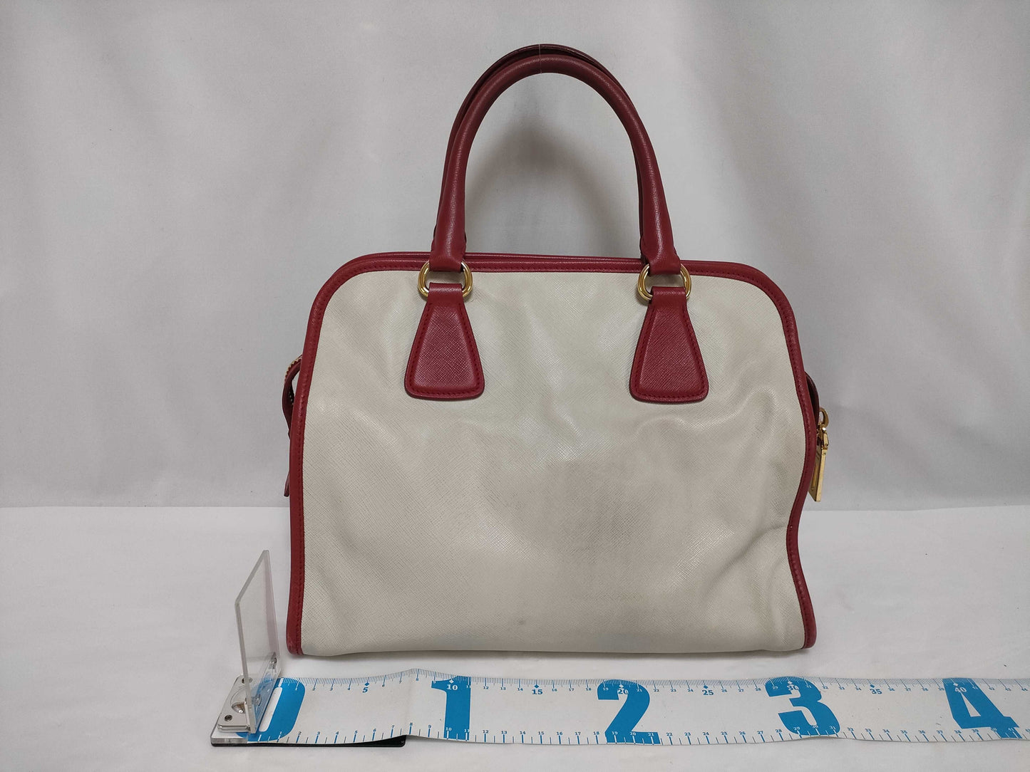 PRADA BN2578 Bicolor Saffiano Leather Handbag in Red and White, with Shinjuku Isetan Warranty, Cloche, and White Tag.