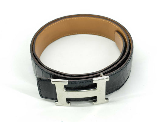 HERMES Shiny Alligator Belt Size 90 Approximately 96cm in Length H Stamp Black Belt