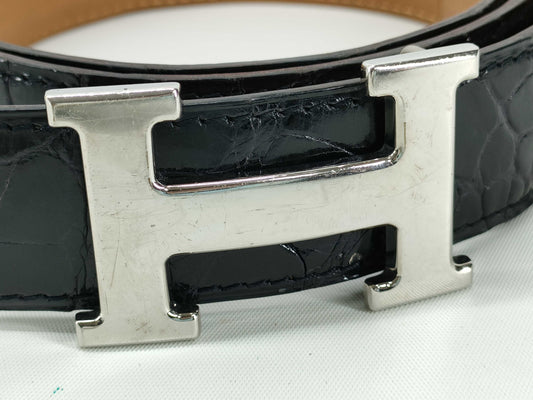 HERMES Shiny Alligator Belt Size 90 Approximately 96cm in Length H Stamp Black Belt
