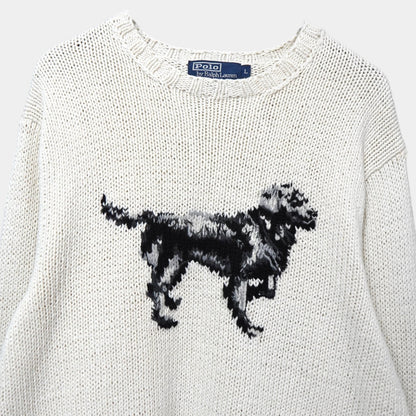 POLO Ralph Lauren Vintage Dog Cotton Hand-Knit Top, Ivory, Size L