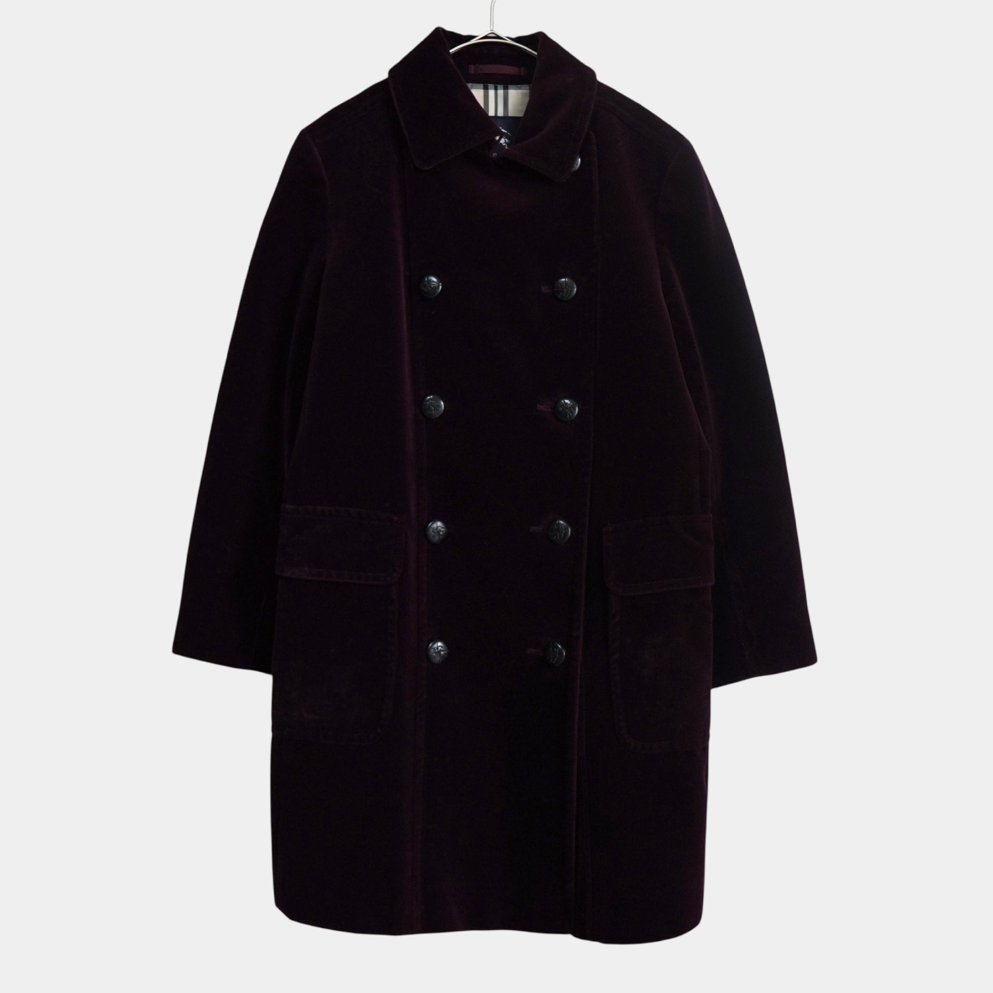 BURBERRY Burberry London Horse Logo Leather Button Nova Check Lining Velour Balcony Coat, Bordeaux, Women's, Size 9