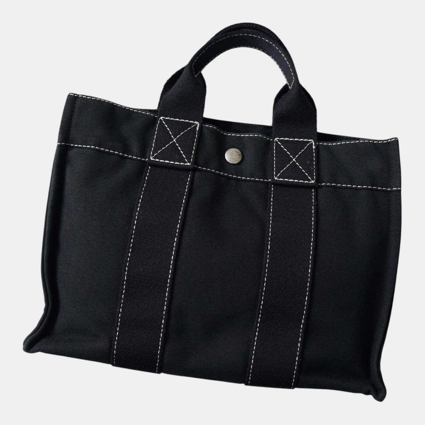 HERMES Deauville PM Canvas Handbag in Black with White Stitching