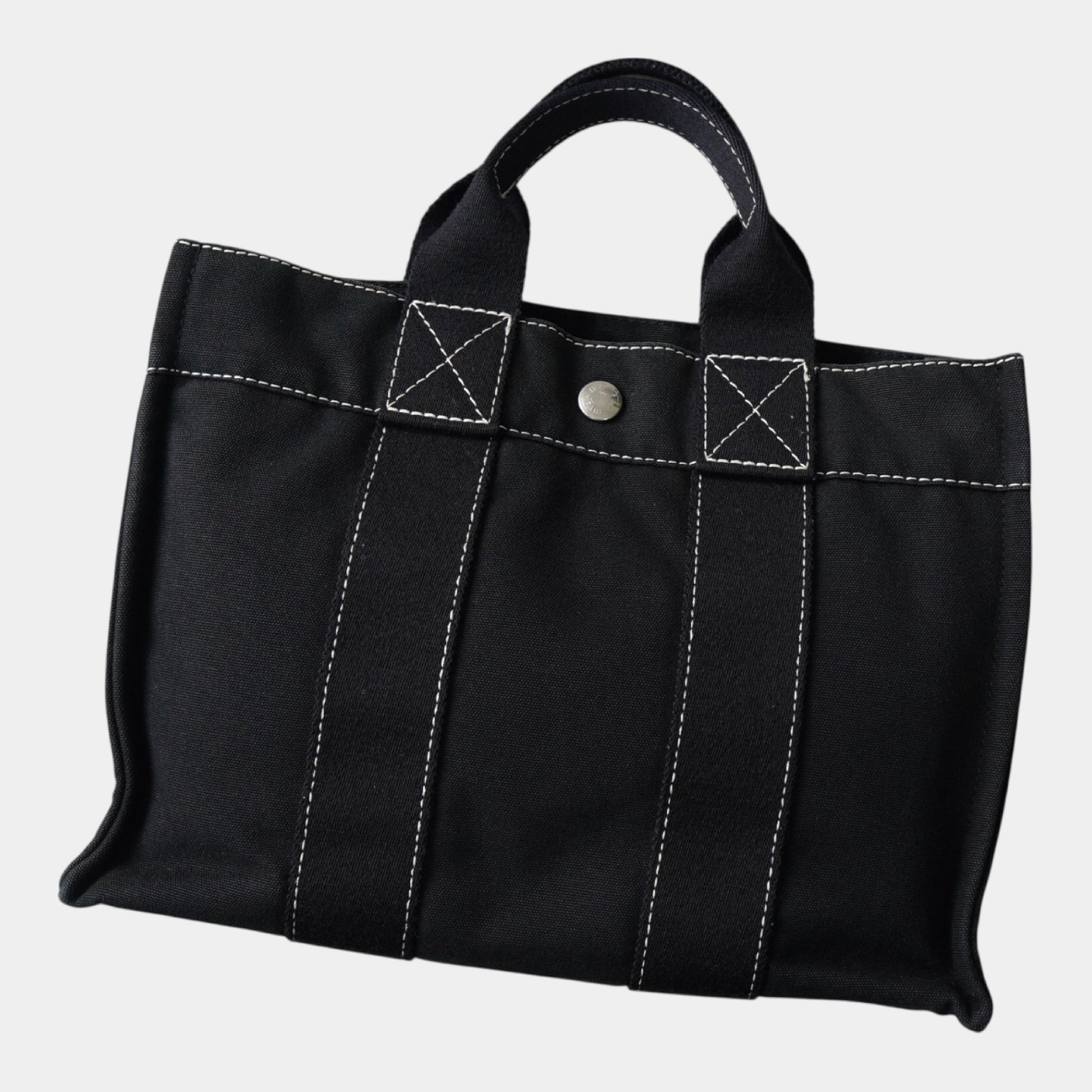 HERMES Deauville PM Canvas Handbag in Black with White Stitching