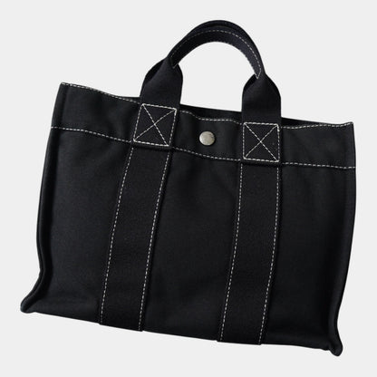 HERMES Deauville PM Canvas Handbag in Black with White Stitching