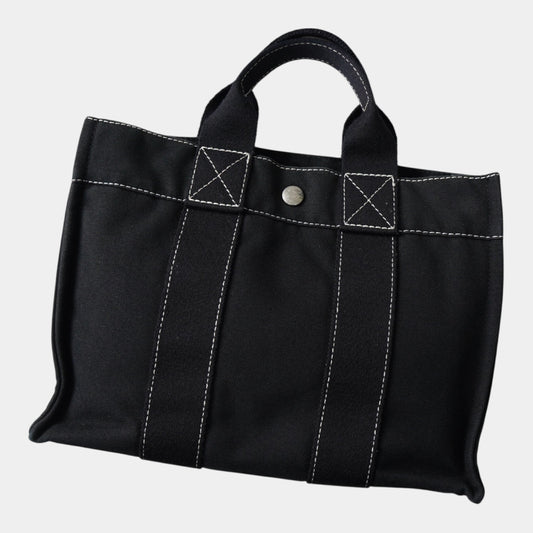 HERMES Deauville PM Canvas Handbag in Black with White Stitching