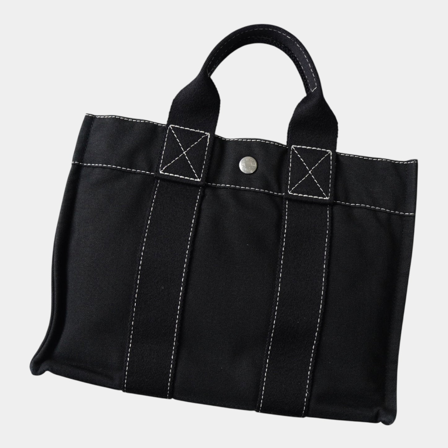 HERMES Deauville PM Canvas Handbag in Black with White Stitching