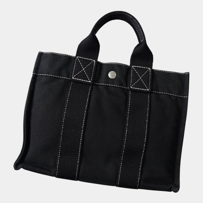 HERMES Deauville PM Canvas Handbag in Black with White Stitching