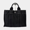 HERMES Deauville PM Canvas Handbag in Black with White Stitching