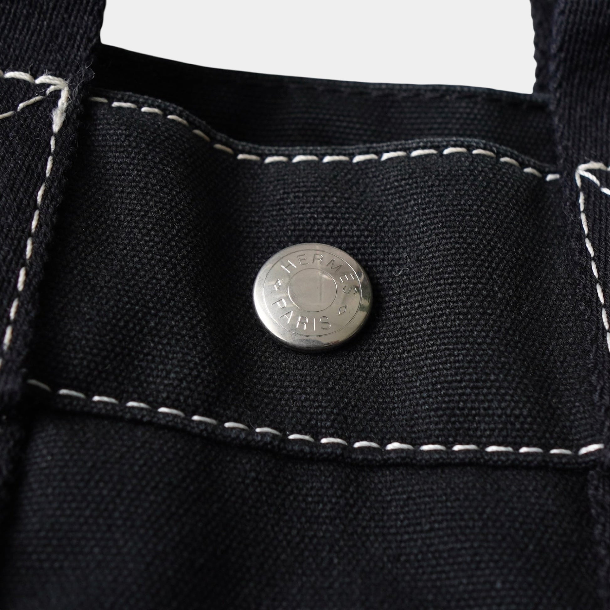 HERMES Deauville PM Canvas Handbag in Black with White Stitching