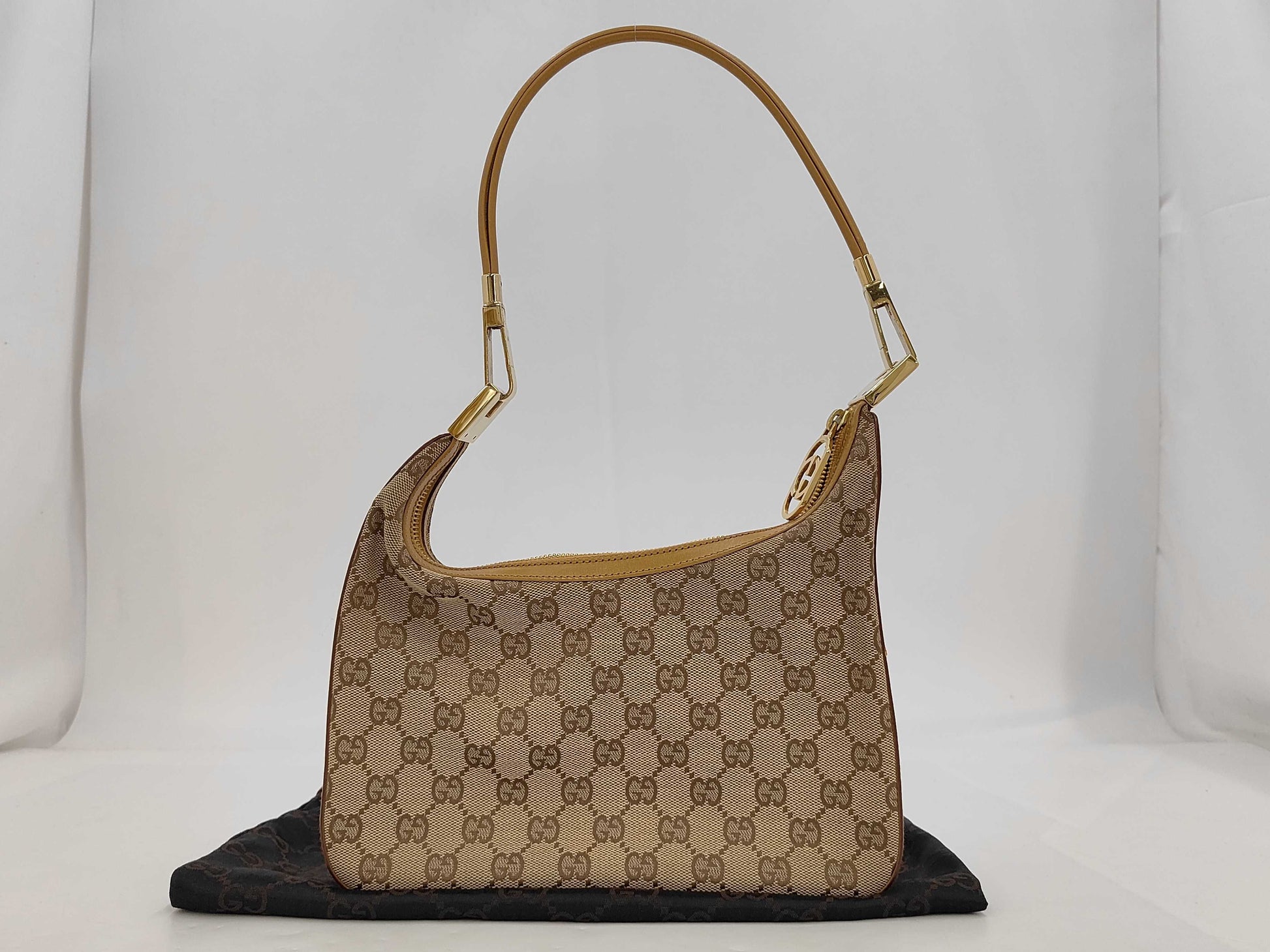 GUCCI 001.3812GG Canvas Shoulder Bag, Canvas and Leather, Camel, Comes with Dust Bag