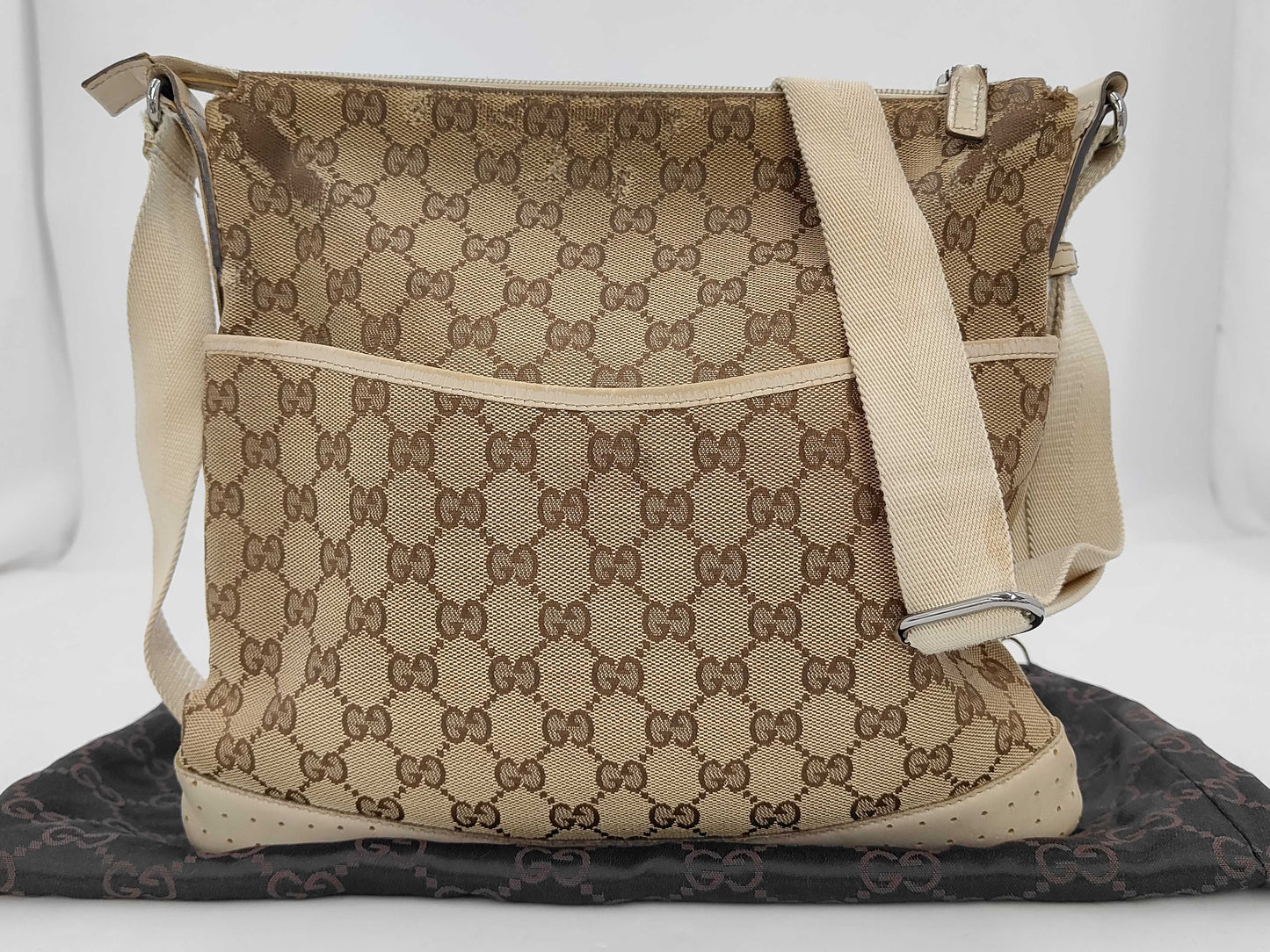 GUCCI 145857 GG Canvas Shoulder Bag, Canvas and Leather, Beige and Ivory, Comes with Dust Bag