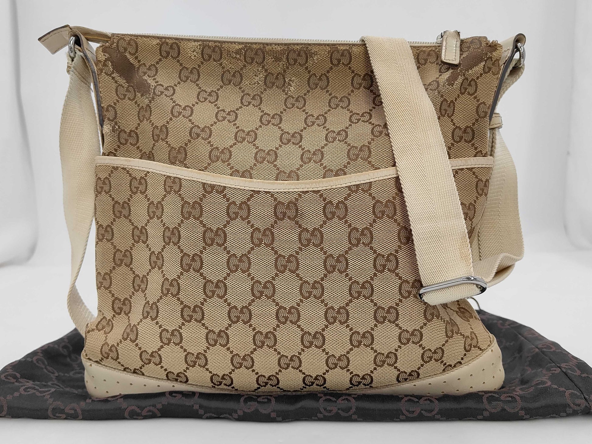 GUCCI 145857 GG Canvas Shoulder Bag, Canvas and Leather, Beige and Ivory, Comes with Dust Bag