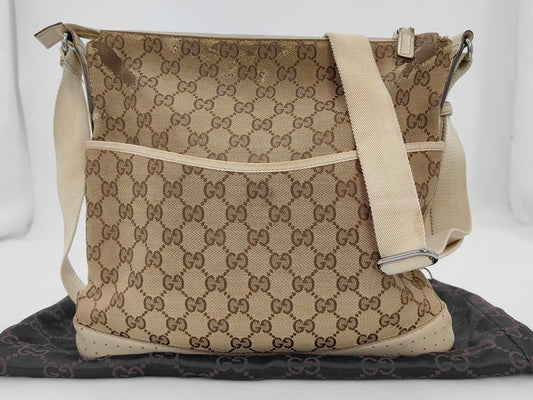 GUCCI 145857 GG Canvas Shoulder Bag, Canvas and Leather, Beige and Ivory, Comes with Dust Bag