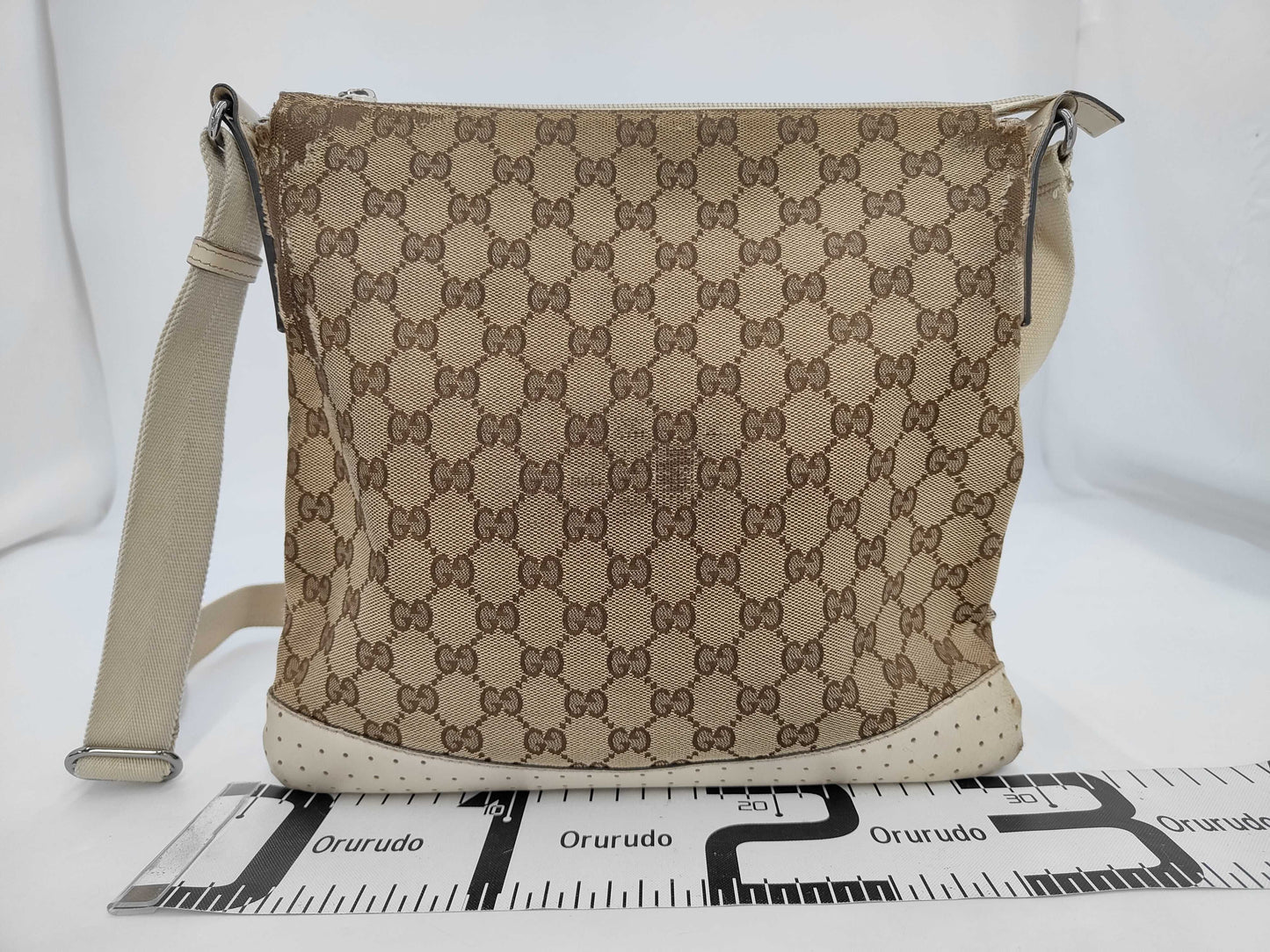 GUCCI 145857 GG Canvas Shoulder Bag, Canvas and Leather, Beige and Ivory, Comes with Dust Bag