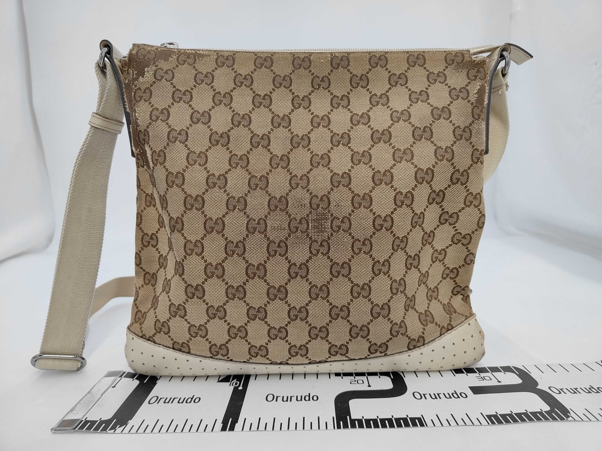 GUCCI 145857 GG Canvas Shoulder Bag, Canvas and Leather, Beige and Ivory, Comes with Dust Bag