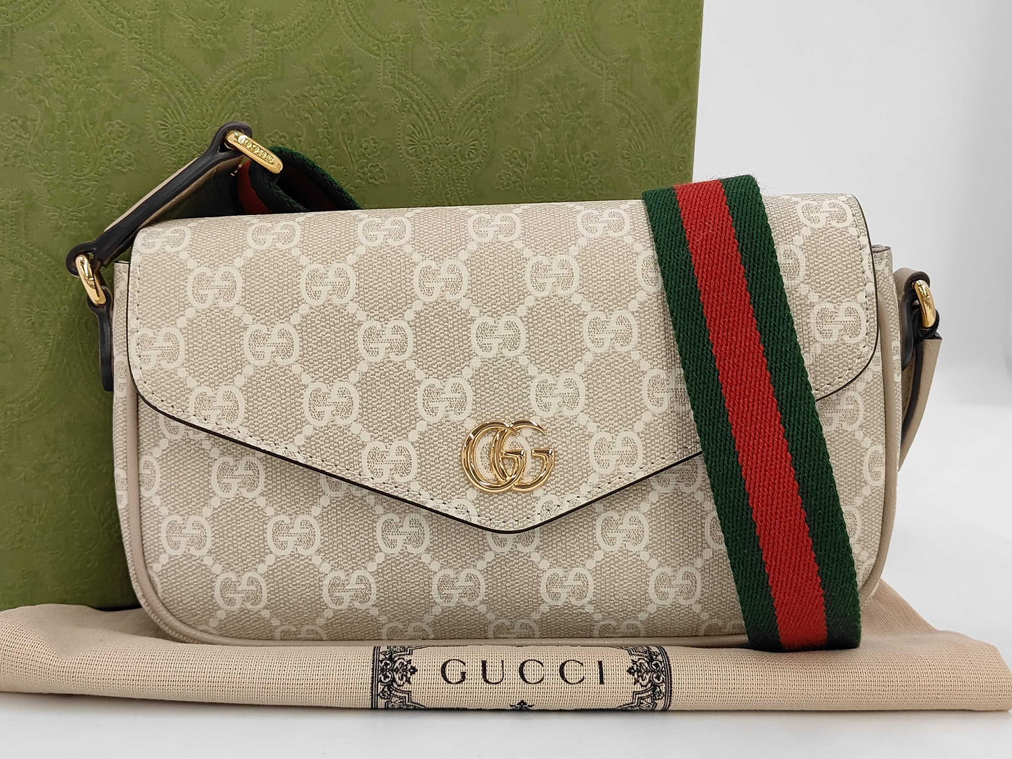 GUCCI 764961 GG Supreme Ophidia Mini Shoulder Bag in Beige Leather with Box and Dust Bag