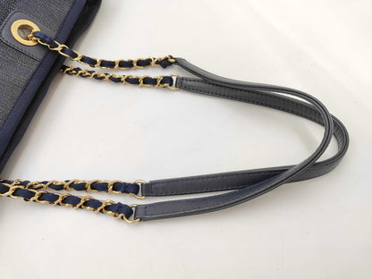 CHANEL Denim x Leather Deauville MM Medium Navy Seal Tote Bag 18304435